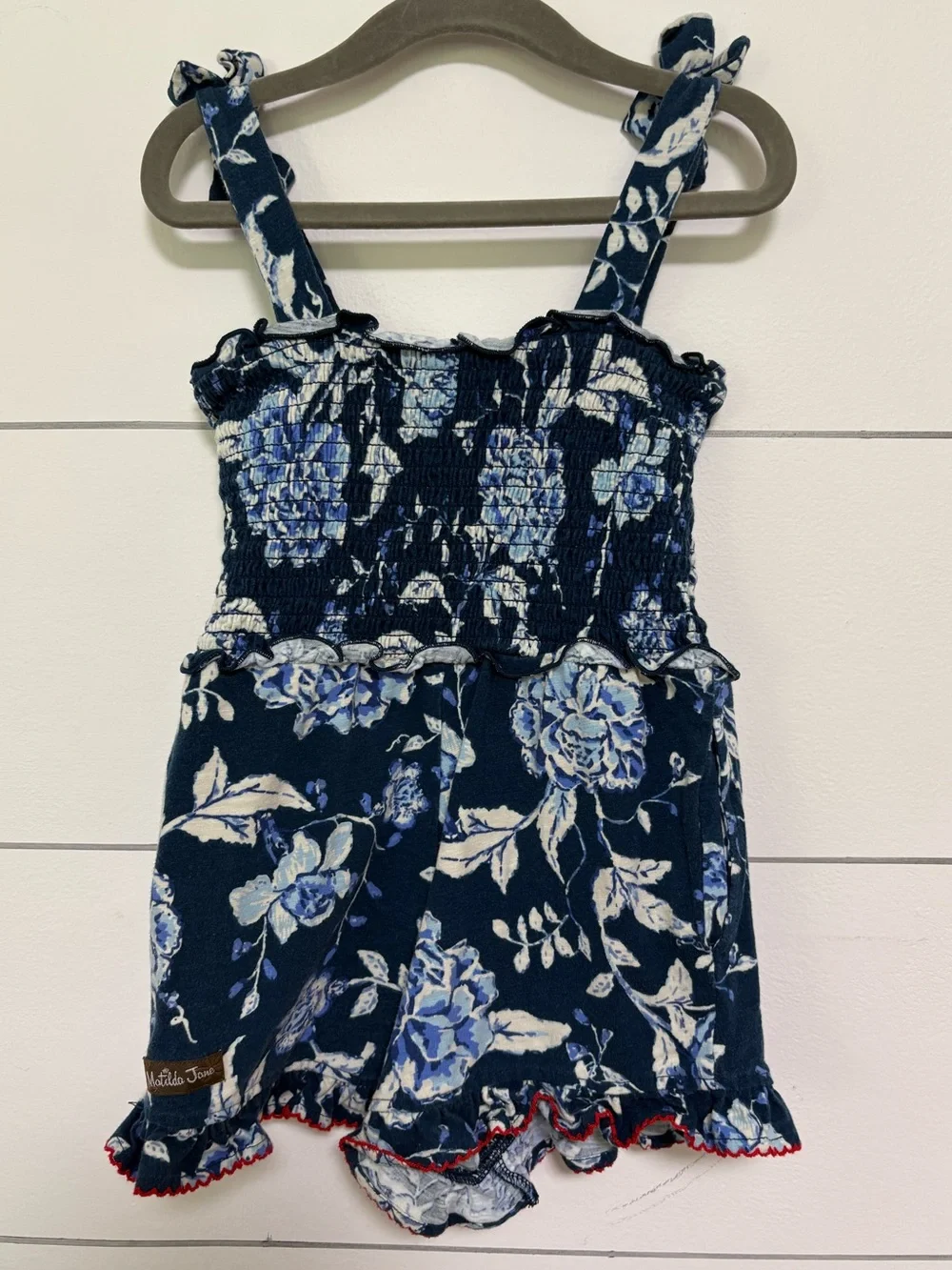 Matilda Jane Girls Blue Floral Smocked Romper Size 6 Ruffle
